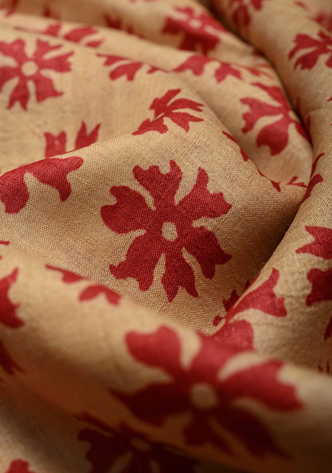 Tan Floral Digital Print on Tussar Silk Saree with Gujarati Hand Embroidery and Mirror Work on Pallu | SILK MARK CERTIFIED