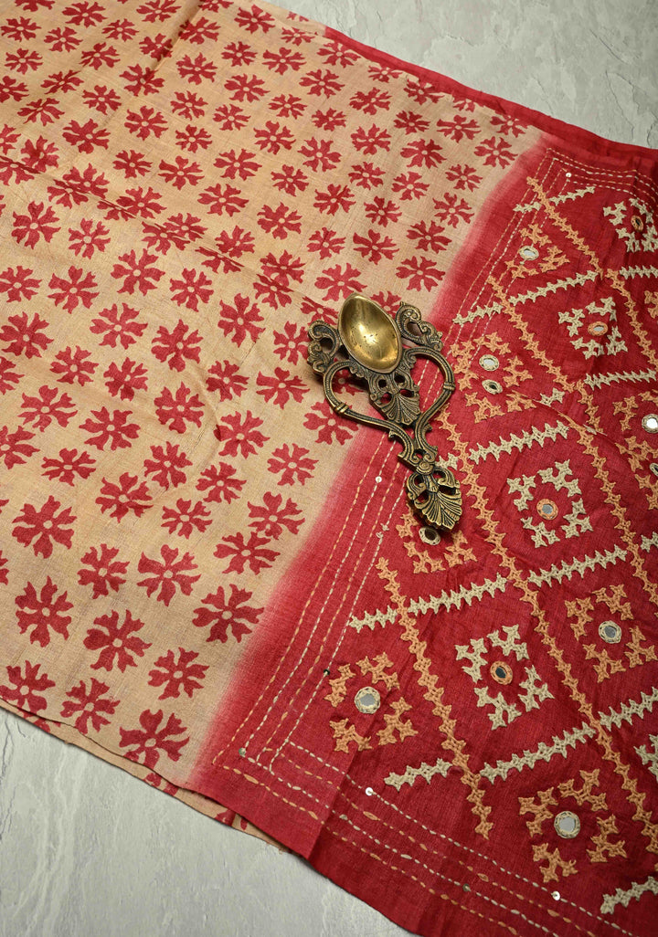 Tan Floral Digital Print on Tussar Silk Saree with Gujarati Hand Embroidery and Mirror Work on Pallu | SILK MARK CERTIFIED