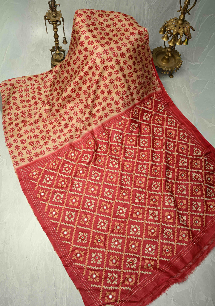 Tan Floral Digital Print on Tussar Silk Saree with Gujarati Hand Embroidery and Mirror Work on Pallu | SILK MARK CERTIFIED