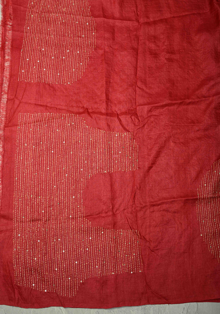 Tan Floral Digital Print on Tussar Silk Saree with Gujarati Hand Embroidery and Mirror Work on Pallu | SILK MARK CERTIFIED