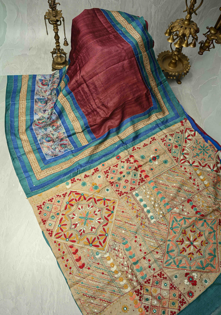 Kanchana Tussar Silk Saree with Hand Wax Batik Print Panel and Authentic Lambani Embroidery Pallu | SILK MARK CERTIFIED