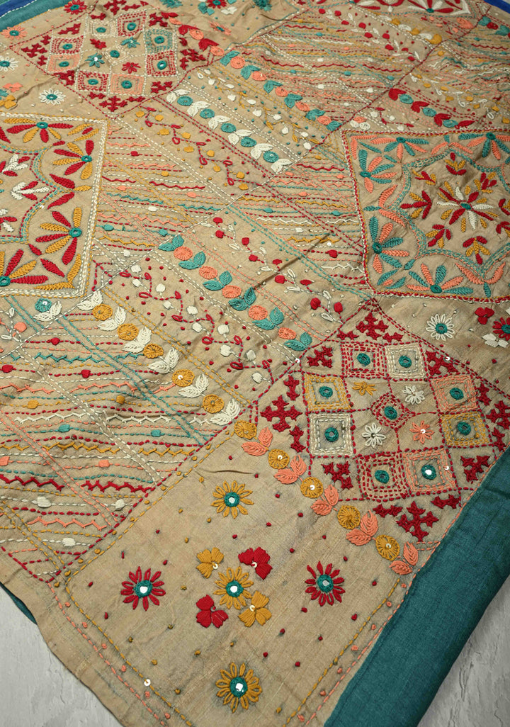 Kanchana Tussar Silk Saree with Hand Wax Batik Print Panel and Authentic Lambani Embroidery Pallu | SILK MARK CERTIFIED