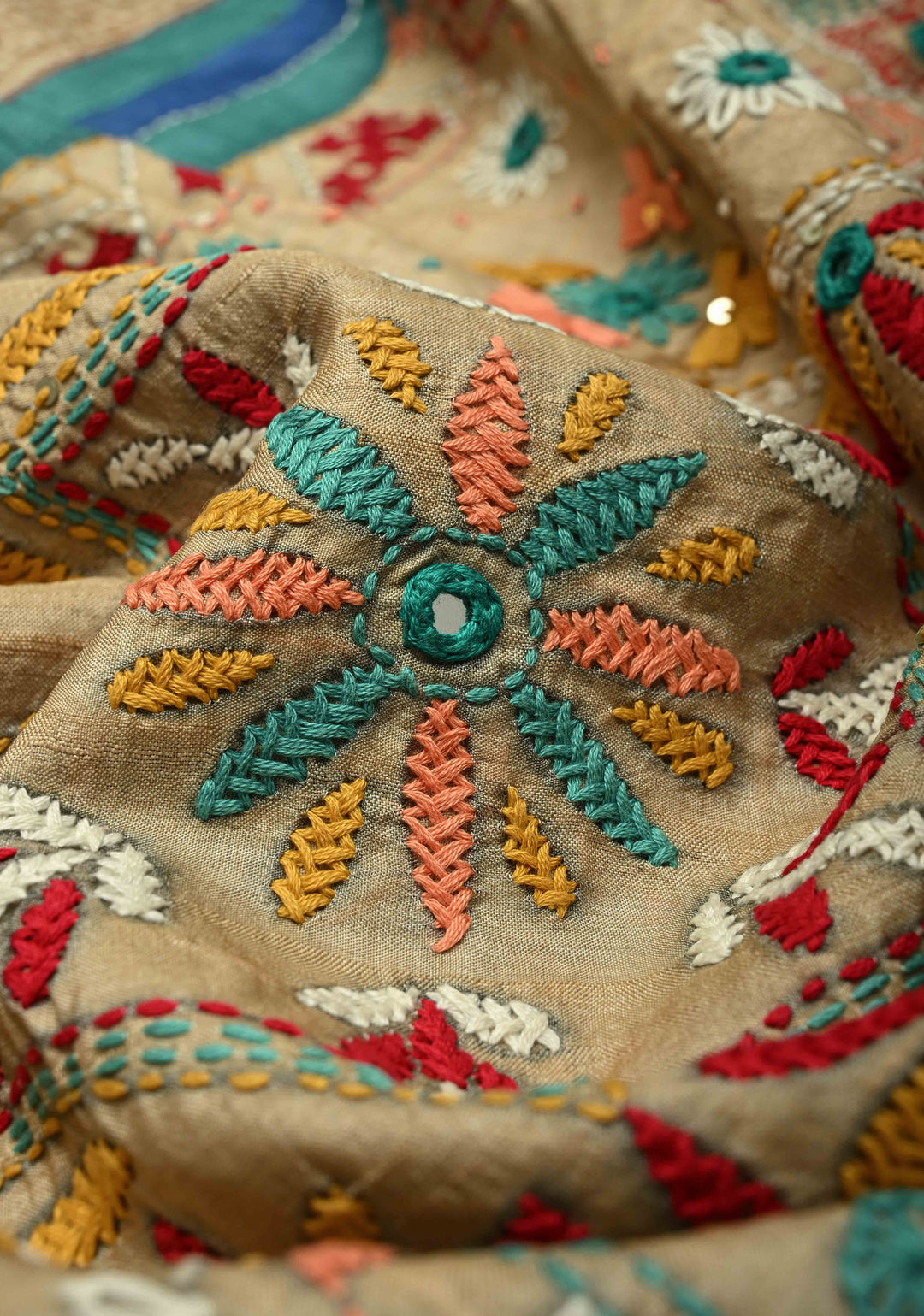 Kanchana Tussar Silk Saree with Hand Wax Batik Print Panel and Authentic Lambani Embroidery Pallu | SILK MARK CERTIFIED