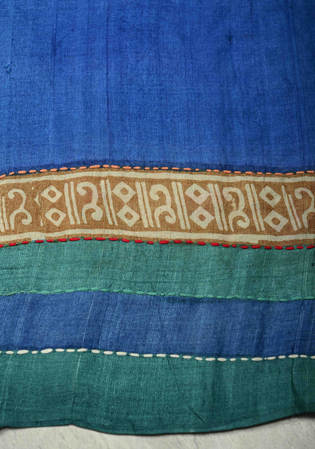 Kanchana Tussar Silk Saree with Hand Wax Batik Print Panel and Authentic Lambani Embroidery Pallu | SILK MARK CERTIFIED
