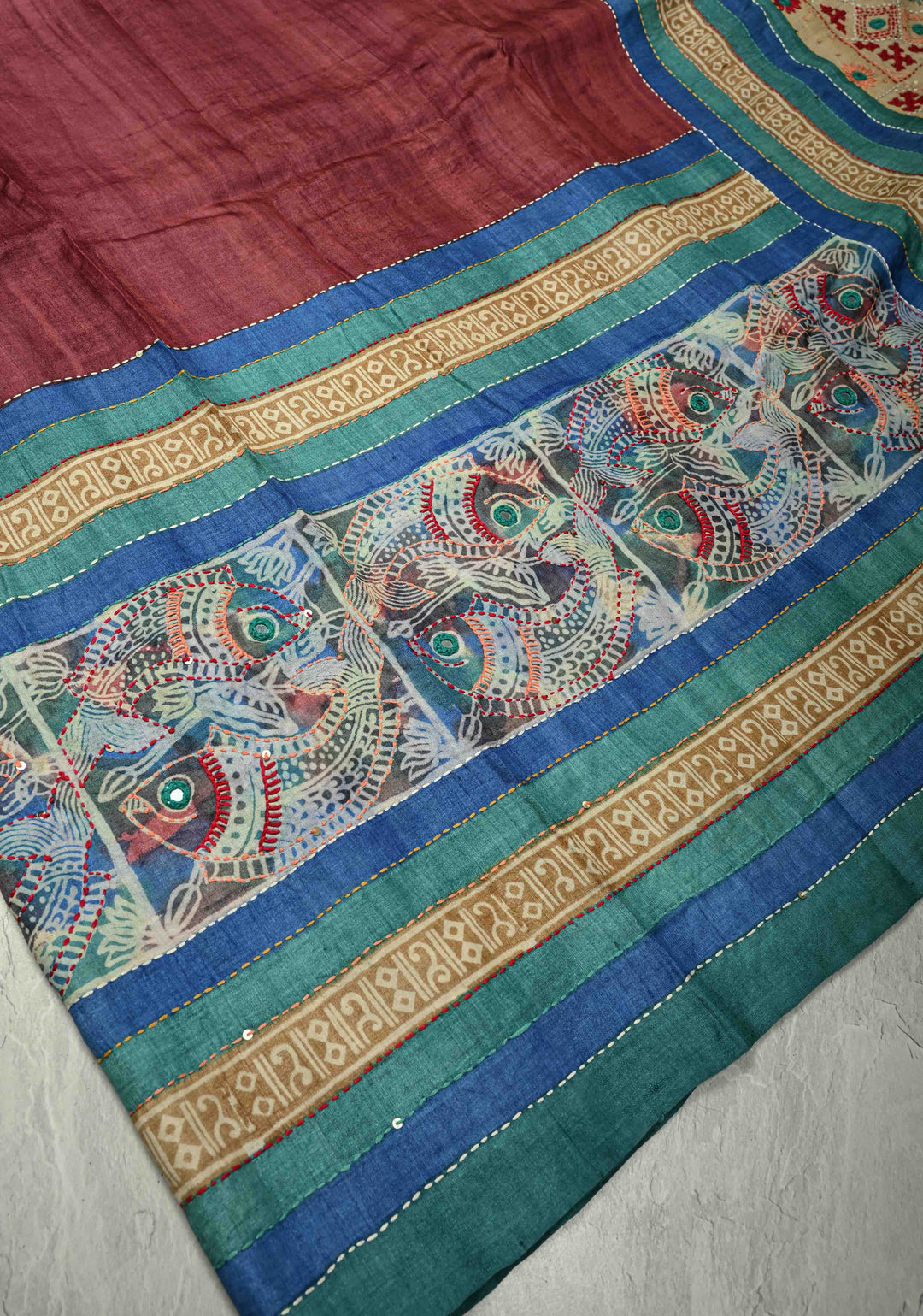 Kanchana Tussar Silk Saree with Hand Wax Batik Print Panel and Authentic Lambani Embroidery Pallu | SILK MARK CERTIFIED