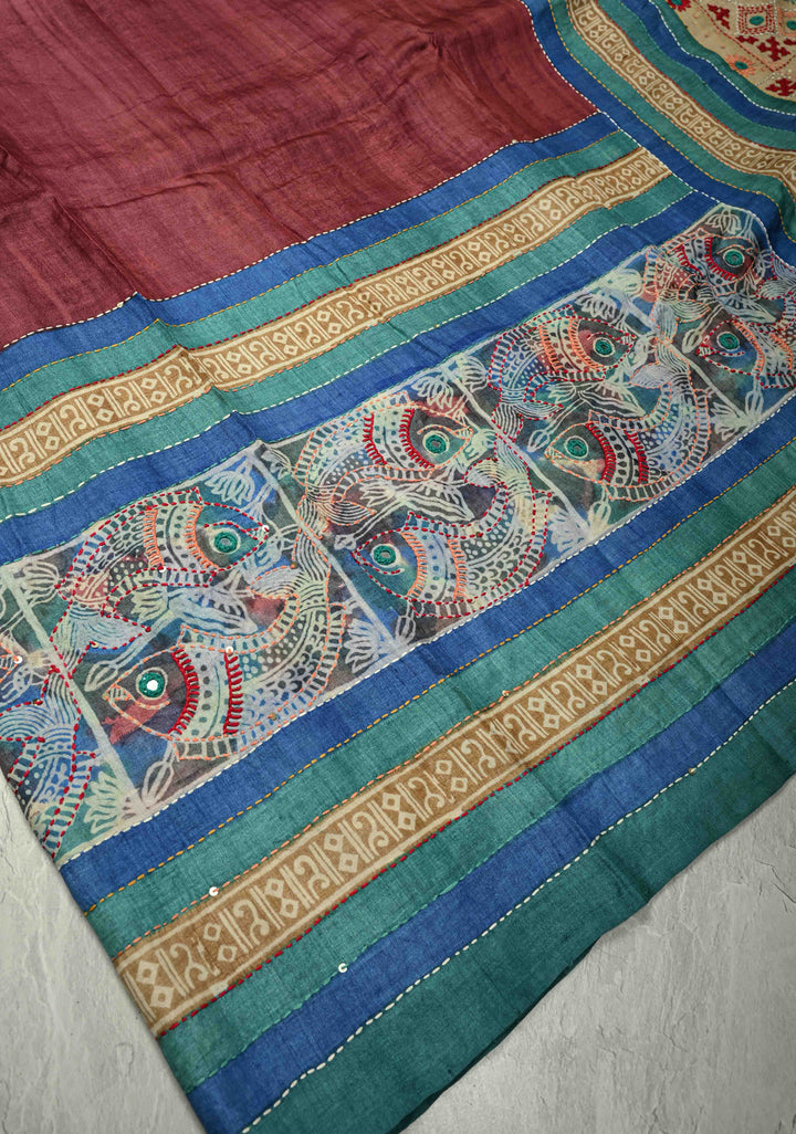 Kanchana Tussar Silk Saree with Hand Wax Batik Print Panel and Authentic Lambani Embroidery Pallu | SILK MARK CERTIFIED