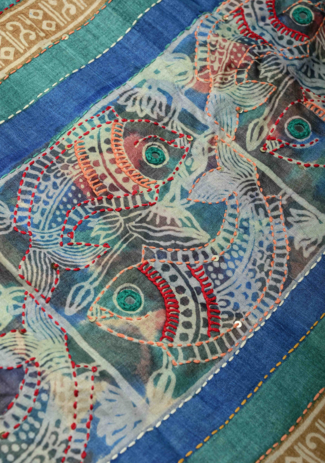 Kanchana Tussar Silk Saree with Hand Wax Batik Print Panel and Authentic Lambani Embroidery Pallu | SILK MARK CERTIFIED