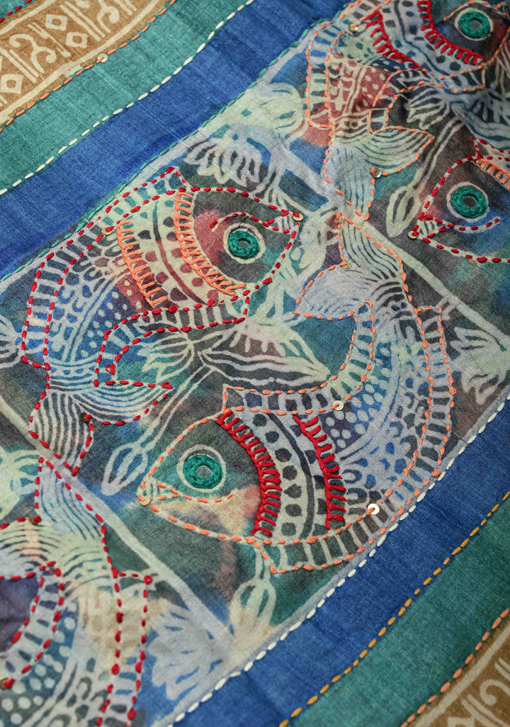 Kanchana Tussar Silk Saree with Hand Wax Batik Print Panel and Authentic Lambani Embroidery Pallu | SILK MARK CERTIFIED