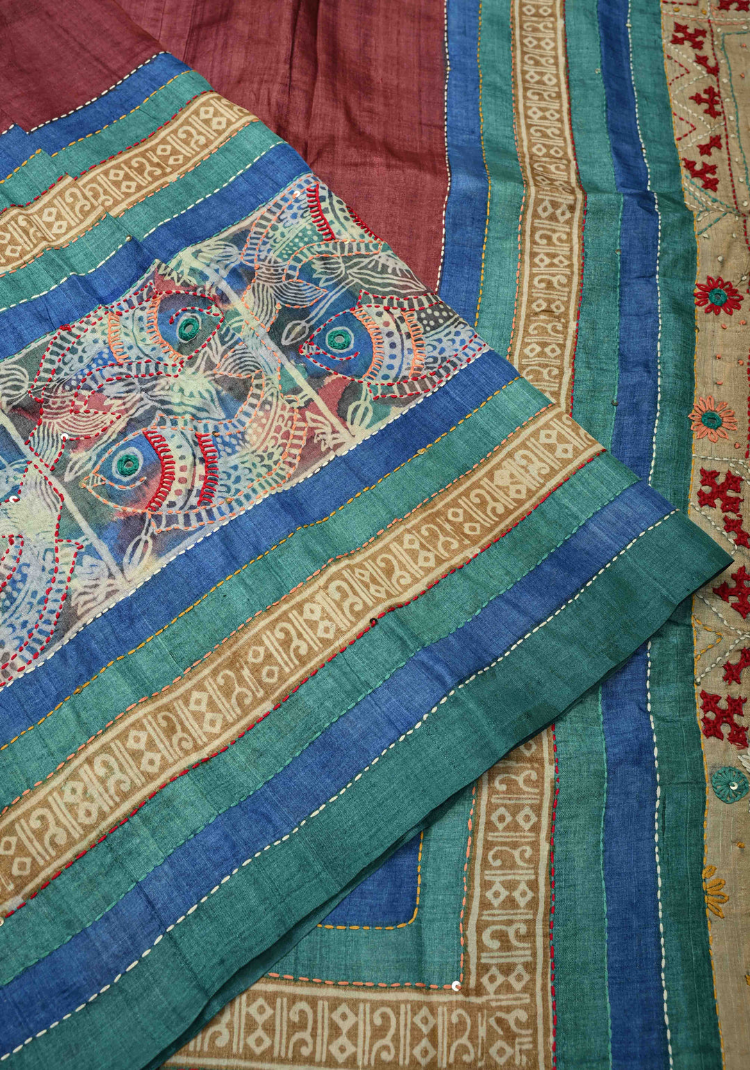 Kanchana Tussar Silk Saree with Hand Wax Batik Print Panel and Authentic Lambani Embroidery Pallu | SILK MARK CERTIFIED