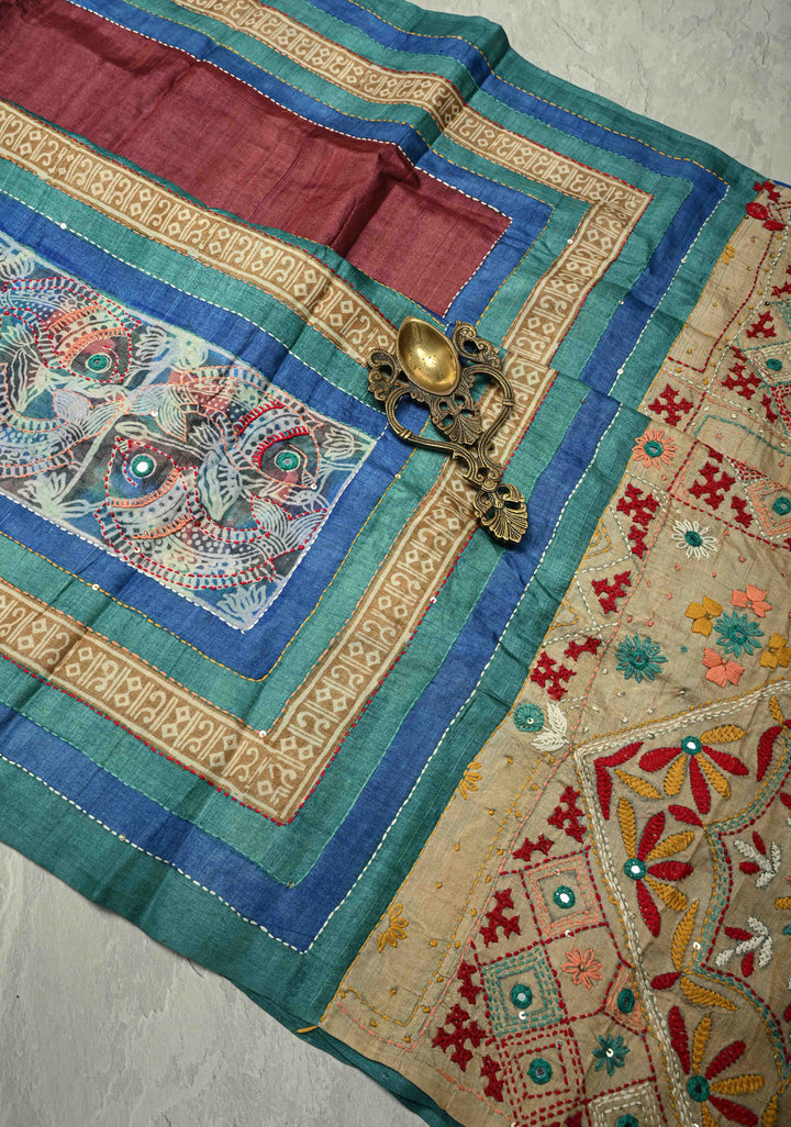 Kanchana Tussar Silk Saree with Hand Wax Batik Print Panel and Authentic Lambani Embroidery Pallu | SILK MARK CERTIFIED