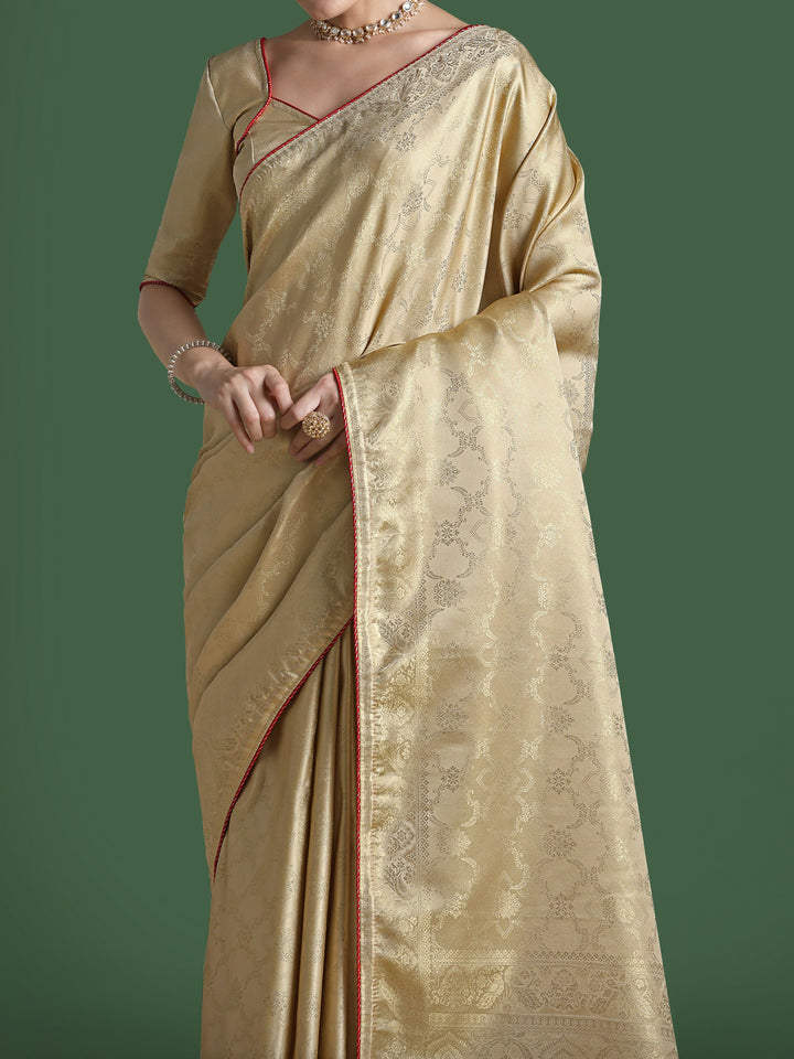 Golden Kanjivaram Satin Silk Woven Saree | SHOBITAM