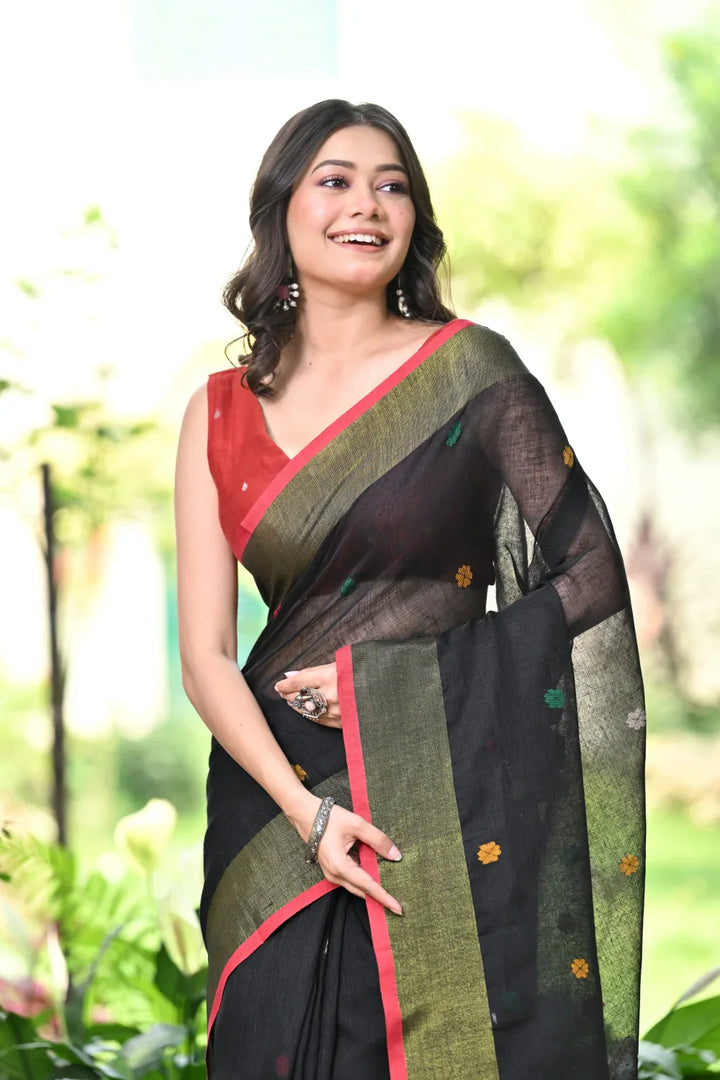 Handloom Black Pure Linen Zari Jamdani Saree | SHOBITAM
