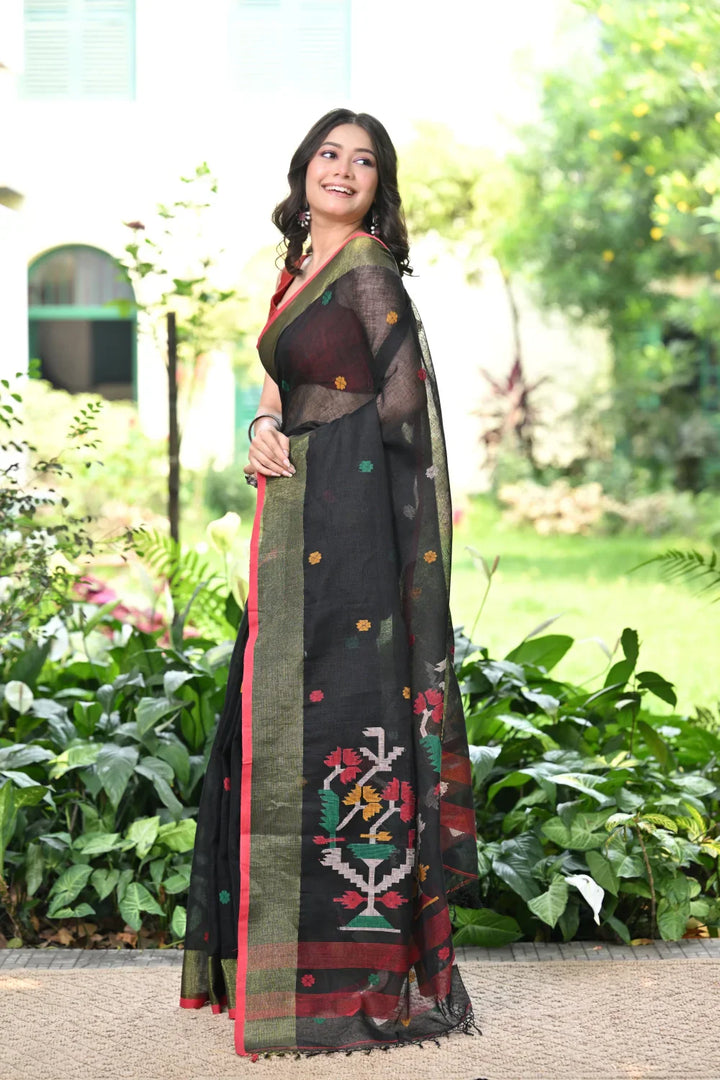 Handloom Black Pure Linen Zari Jamdani Saree | SHOBITAM