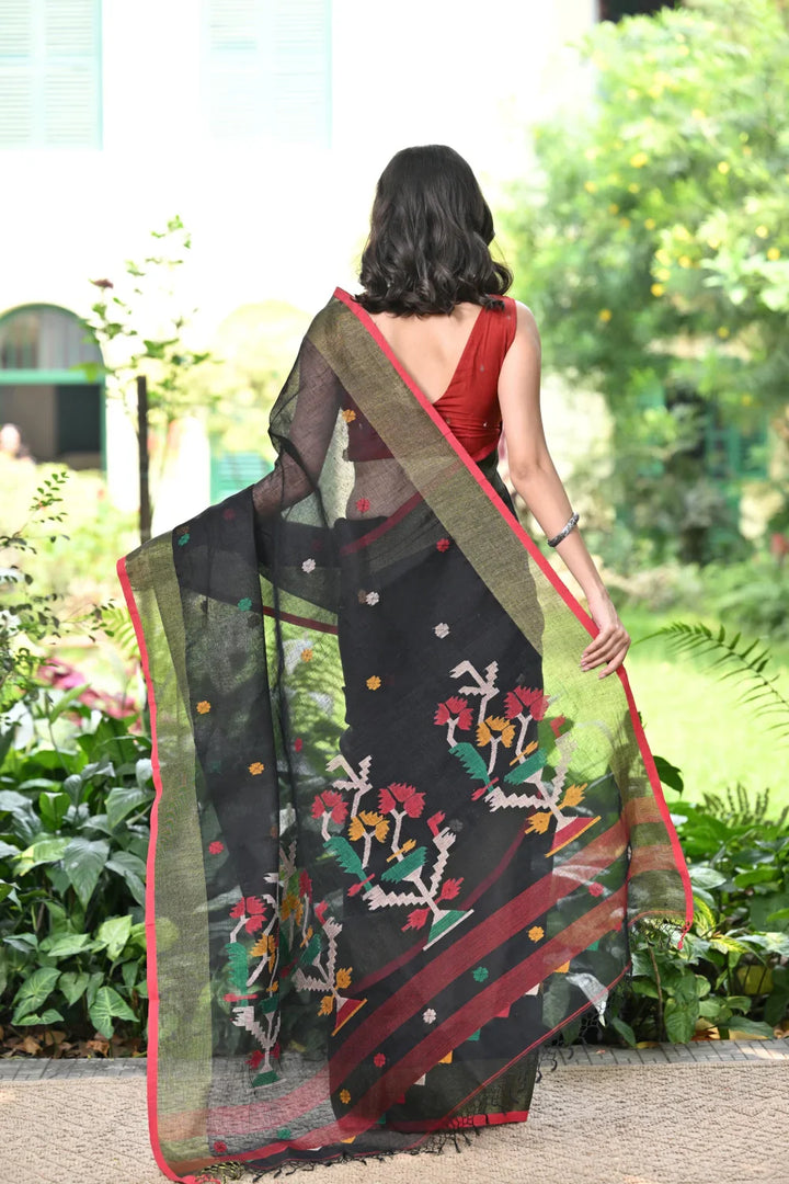 Handloom Black Pure Linen Zari Jamdani Saree | SHOBITAM