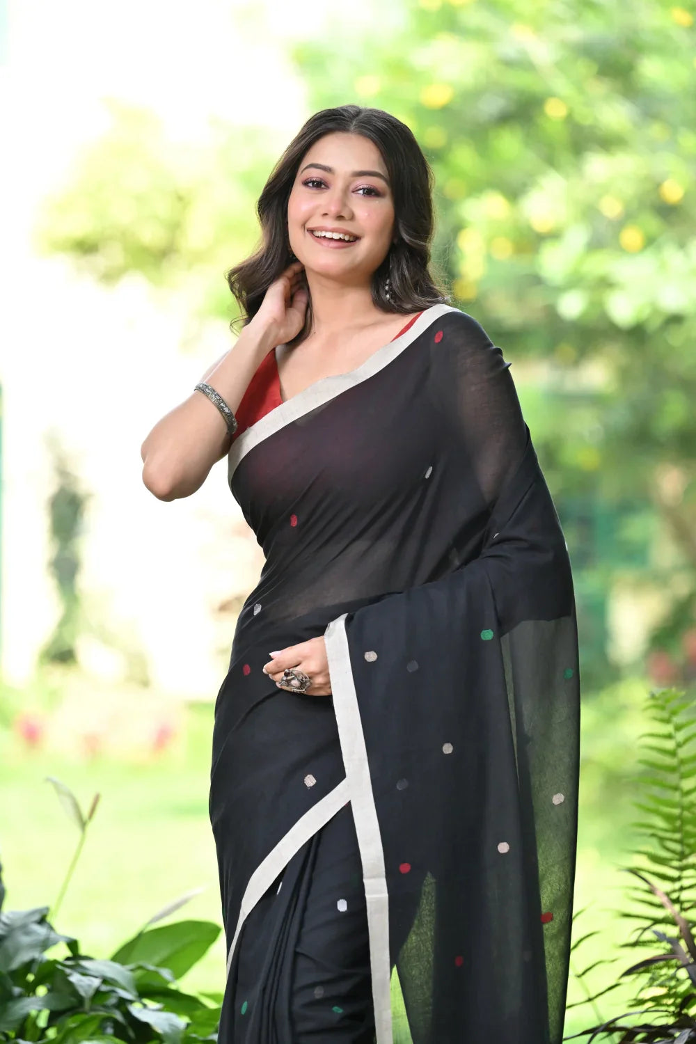 Handloom Black Soft Cotton Jamdani Saree with Woven Bird Motifs | SHOBITAM