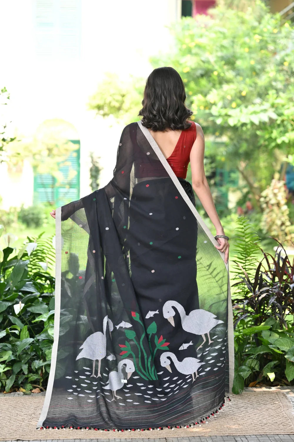 Handloom Black Soft Cotton Jamdani Saree with Woven Bird Motifs | SHOBITAM