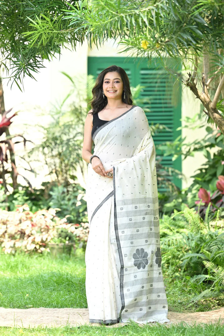 Handloom White & Black Soft Cotton Jamdani Saree | SHOBITAM
