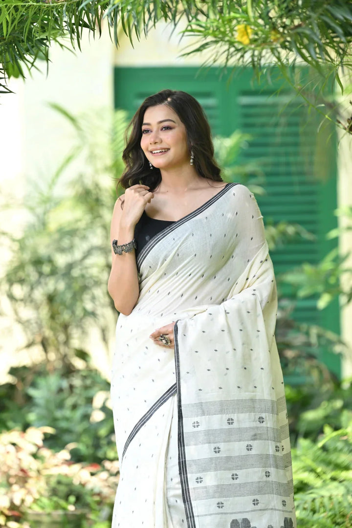Handloom White & Black Soft Cotton Jamdani Saree | SHOBITAM