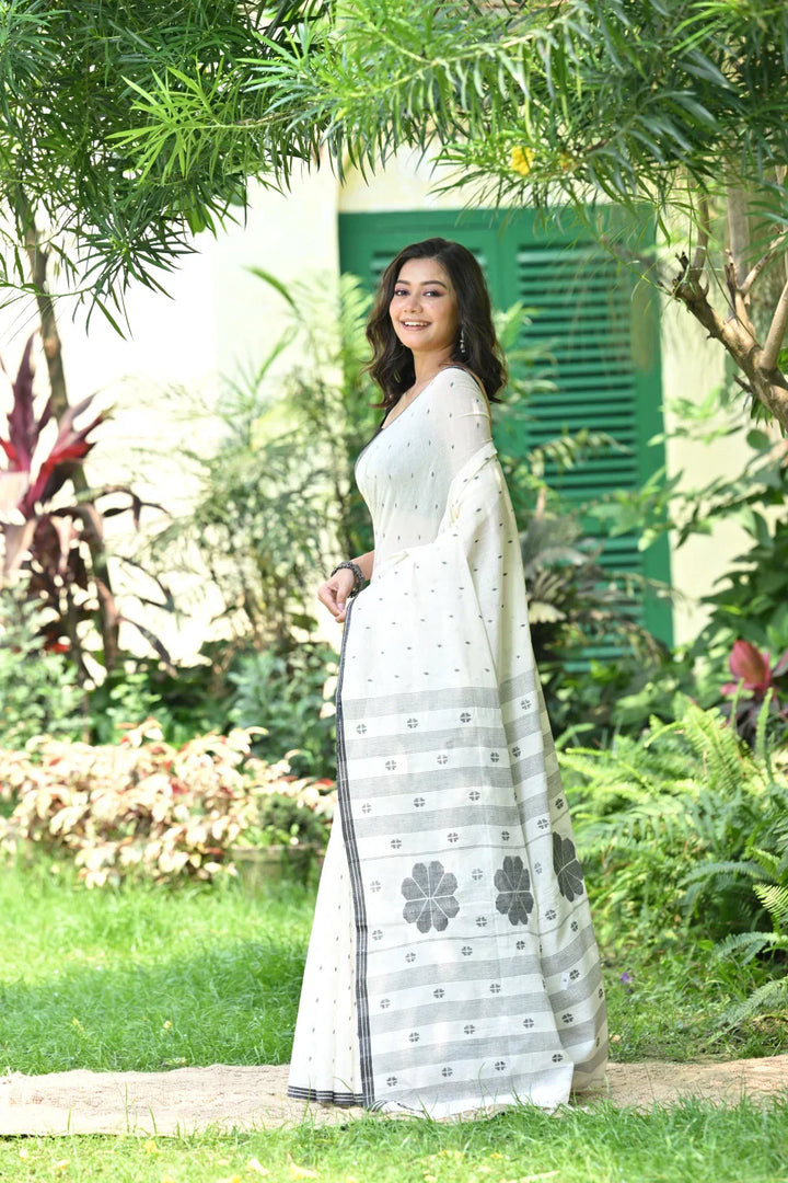 Handloom White & Black Soft Cotton Jamdani Saree | SHOBITAM