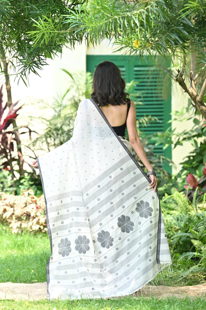 Handloom White & Black Soft Cotton Jamdani Saree | SHOBITAM