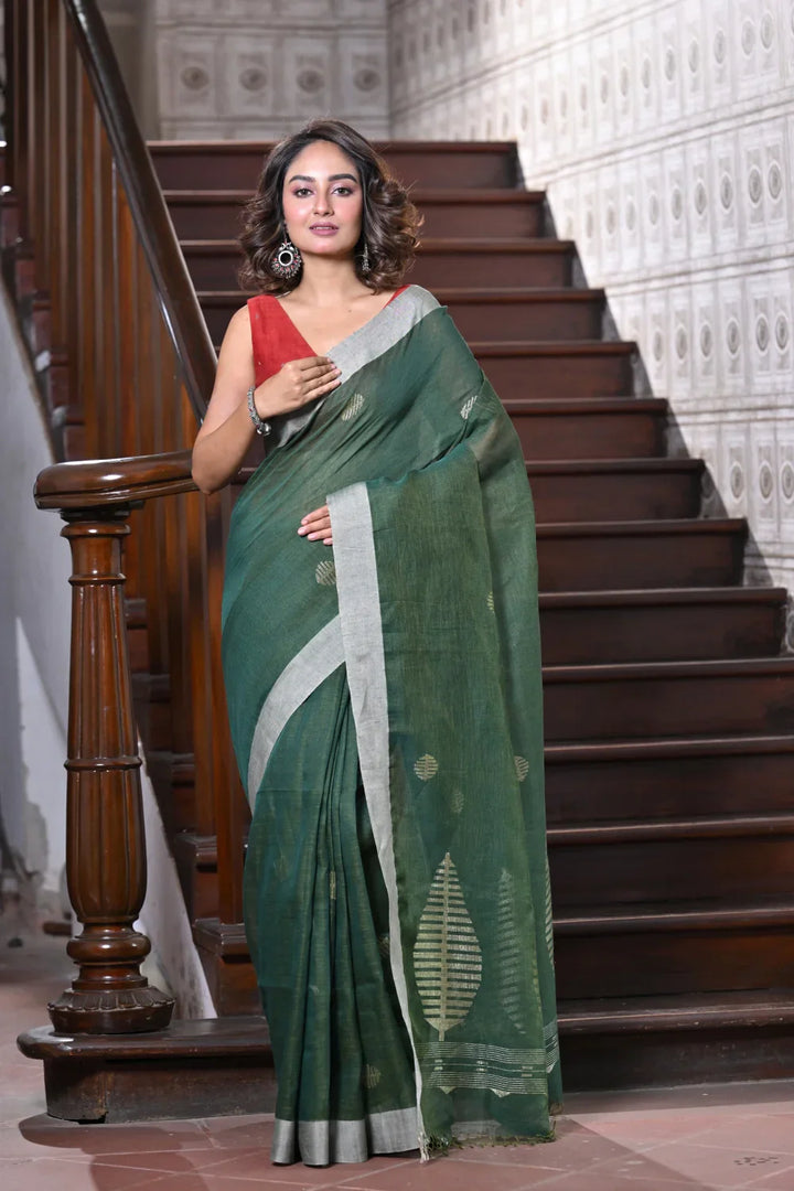 Handloom Dark Green Pure Linen Zari Jamdani Saree | SHOBITAM