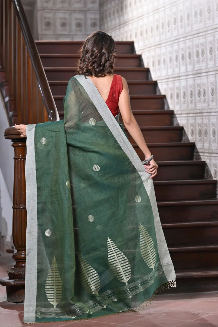 Handloom Dark Green Pure Linen Zari Jamdani Saree | SHOBITAM