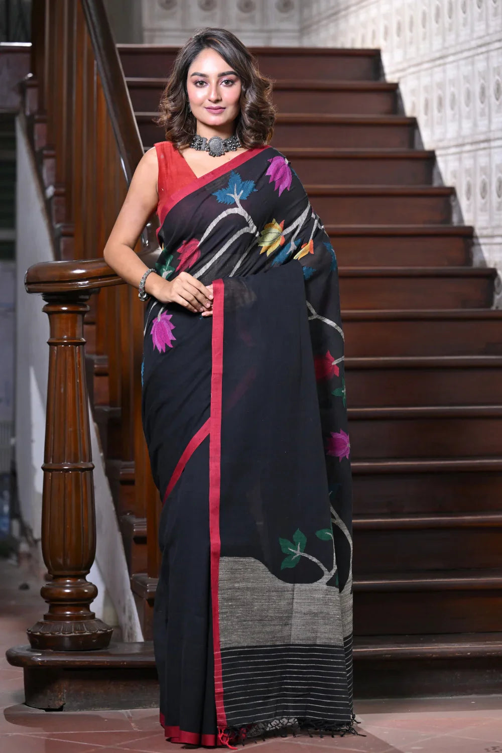 Handloom Black Soft Cotton Jamdani Saree With Multi Colour Floral Motifs | SHOBITAM