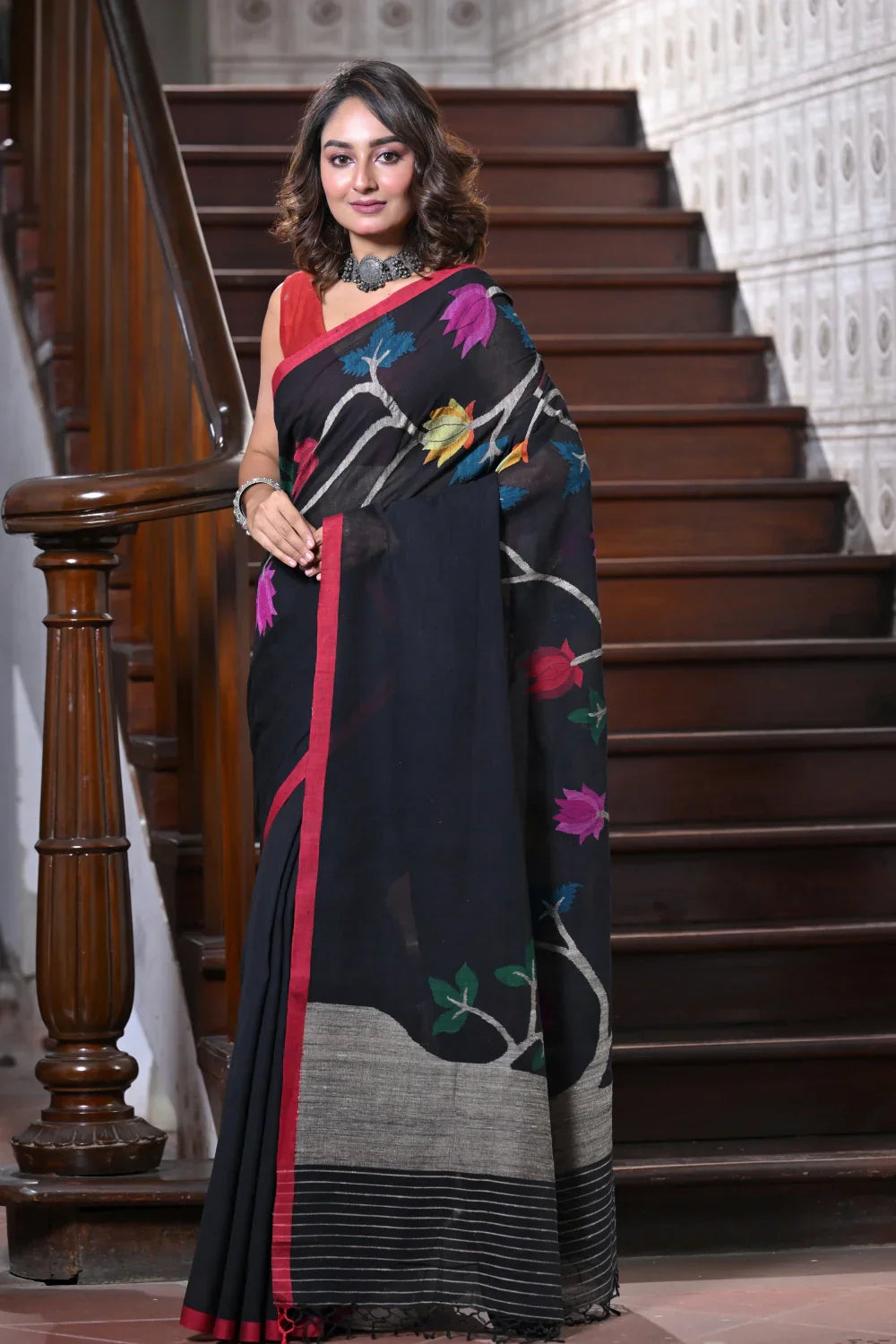 Handloom Black Soft Cotton Jamdani Saree With Multi Colour Floral Motifs | SHOBITAM