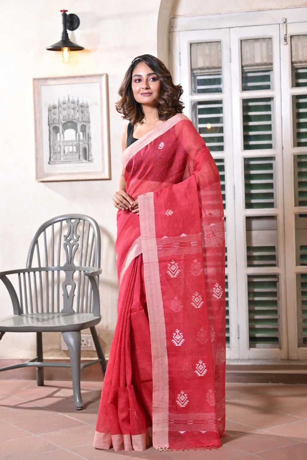 Handloom Blush Red Pure Linen Jamdani Saree | SHOBITAM