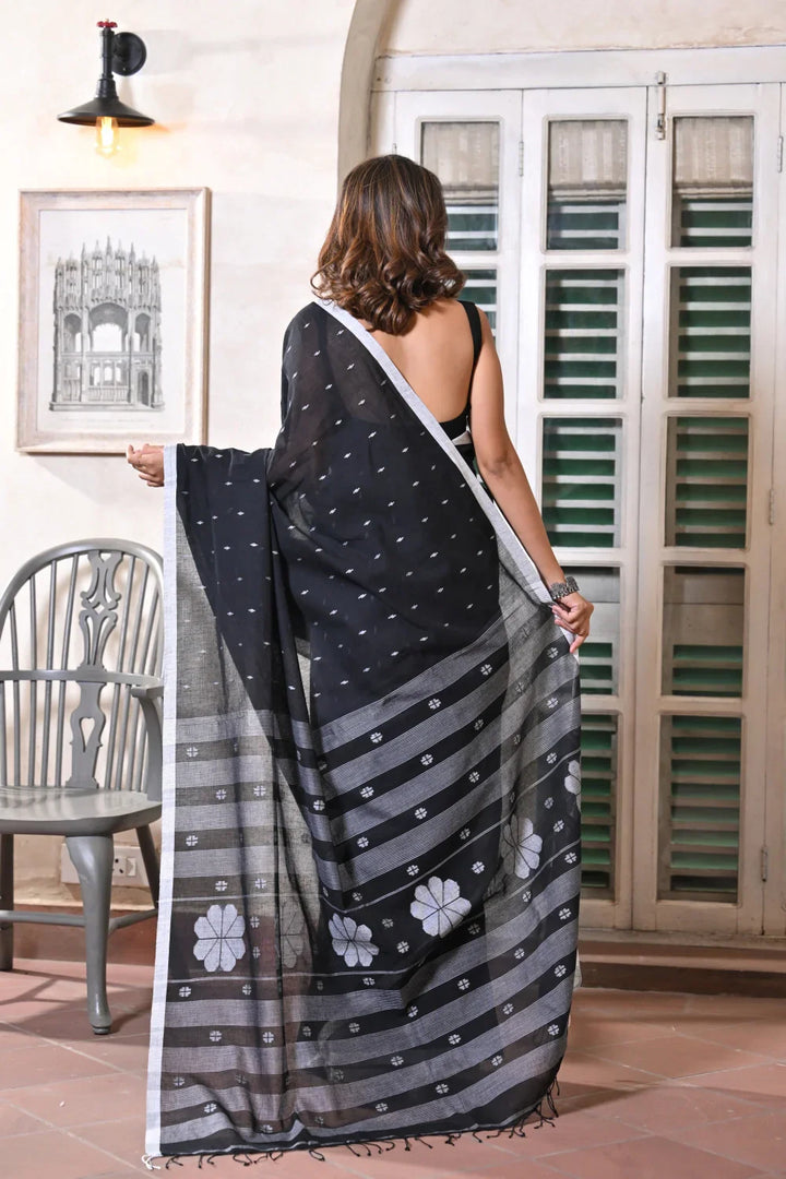 Handloom Black Soft Cotton Jamdani Saree | SHOBITAM