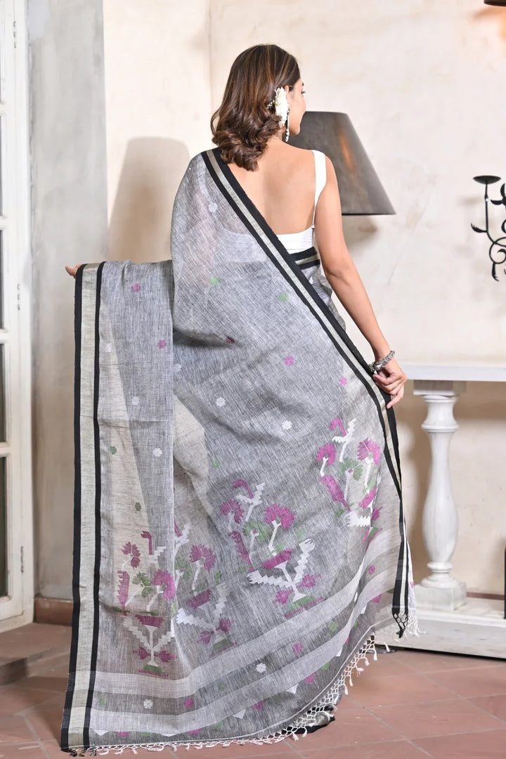 Handloom Grey Pure Linen Jamdani Saree | SHOBITAM