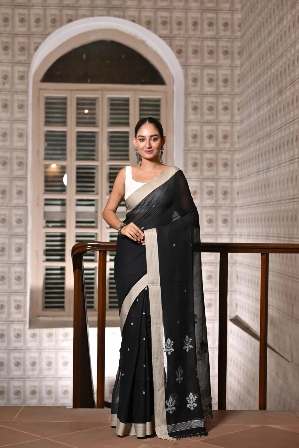 Handloom Black Soft Cotton Jamdani Saree | SHOBITAM