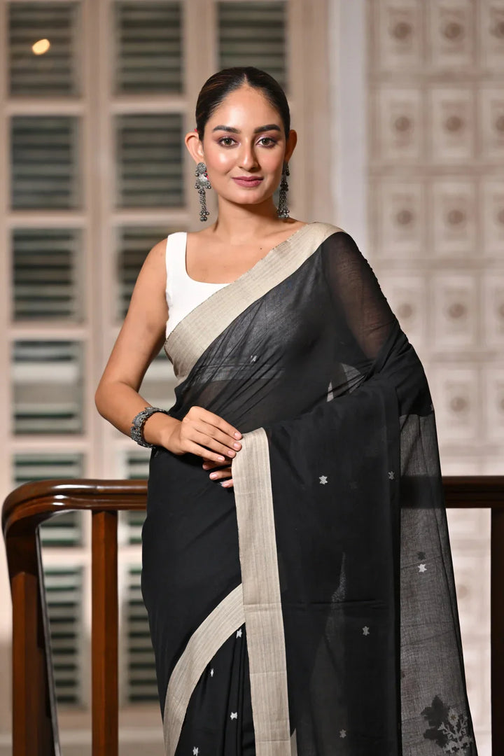 Handloom Black Soft Cotton Jamdani Saree | SHOBITAM