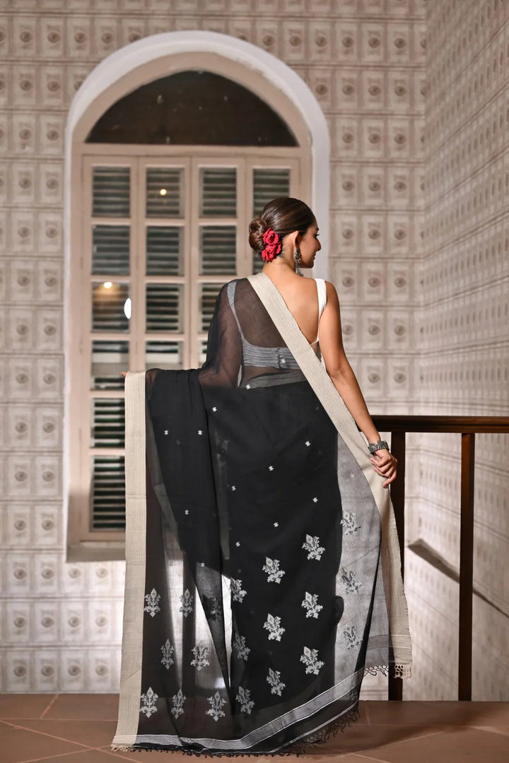Handloom Black Soft Cotton Jamdani Saree | SHOBITAM