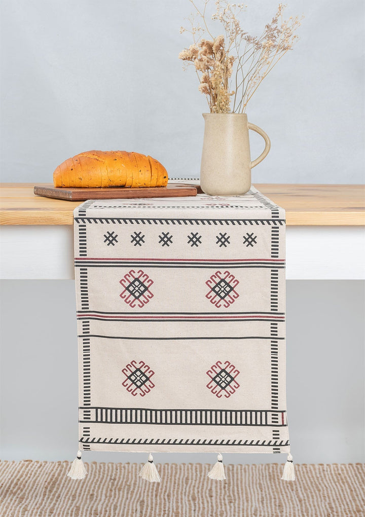 Saga 100% cotton boho geometric table runner for 4 seater or 6 seater dining - Black | SHOBITAM