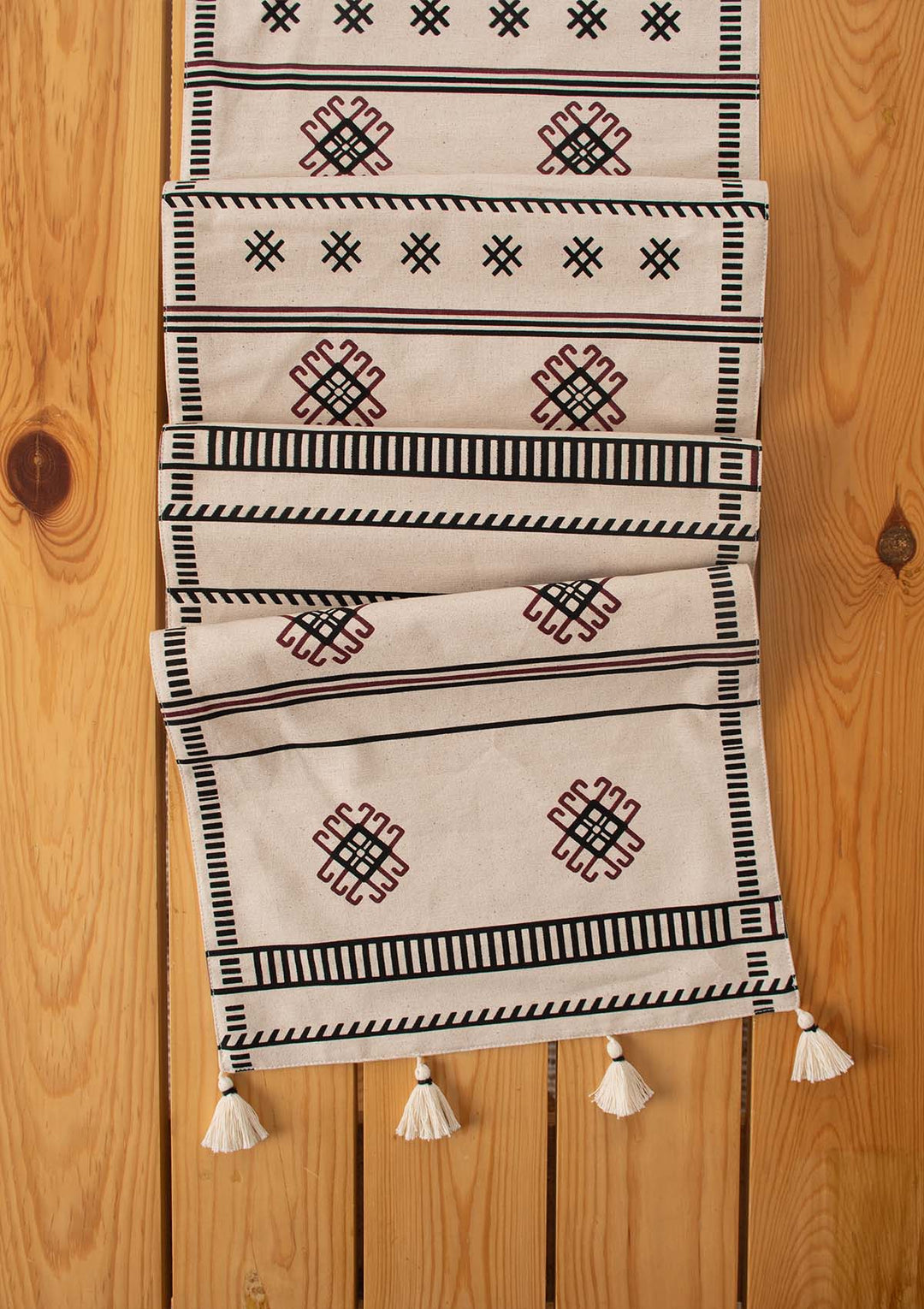 Saga 100% cotton boho geometric table runner for 4 seater or 6 seater dining - Black | SHOBITAM