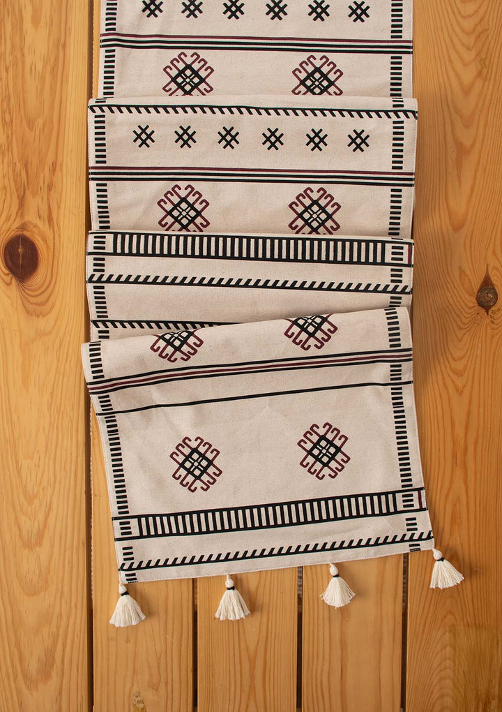 Saga 100% cotton boho geometric table runner for 4 seater or 6 seater dining - Black | SHOBITAM