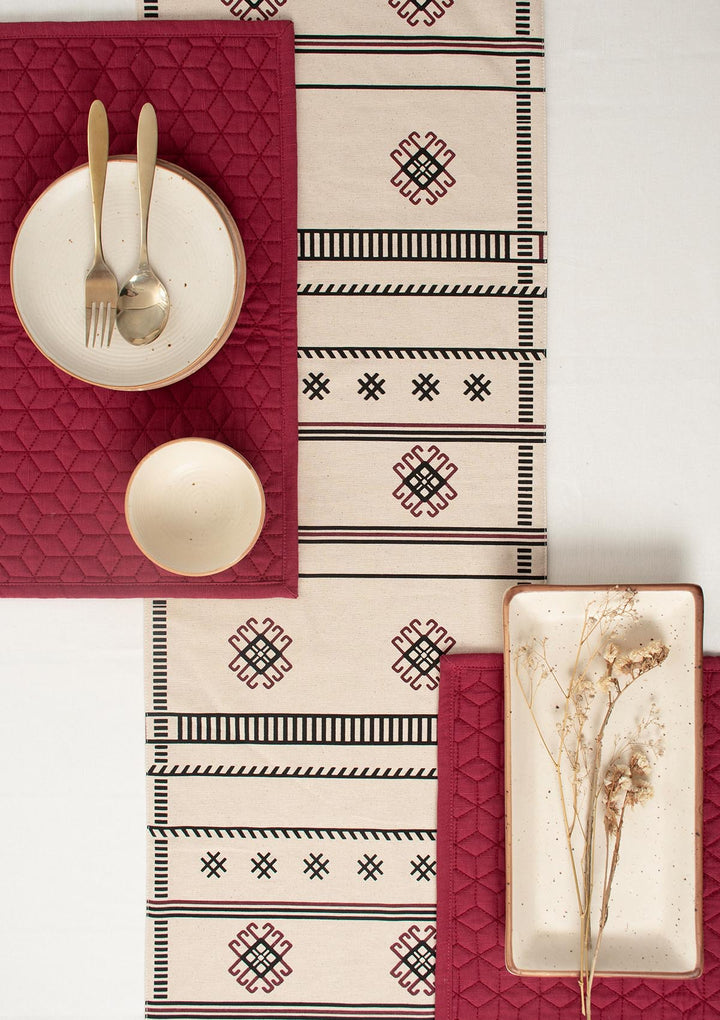 Saga 100% cotton boho geometric table runner for 4 seater or 6 seater dining - Black | SHOBITAM