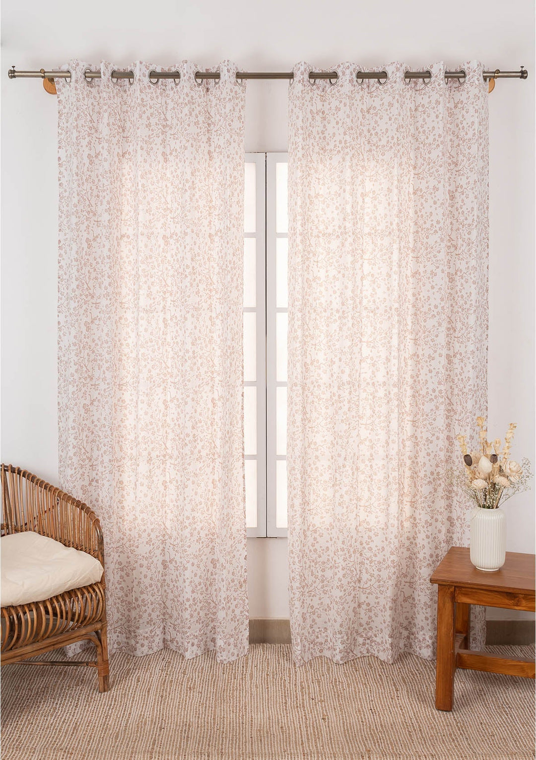 Sakura Flower pattern 100% Cotton Sheer curtain for Living room & bedroom - Light filtering - Rust - Single Piece | SHOBITAM