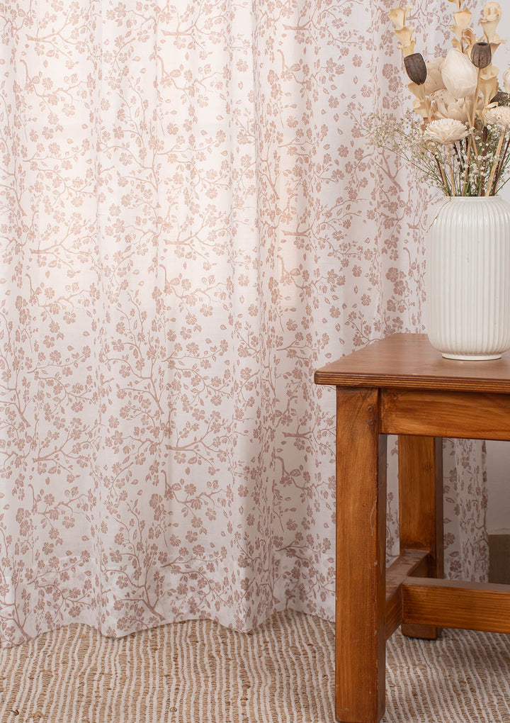 Sakura Flower pattern 100% Cotton Sheer curtain for Living room & bedroom - Light filtering - Rust - Single Piece | SHOBITAM