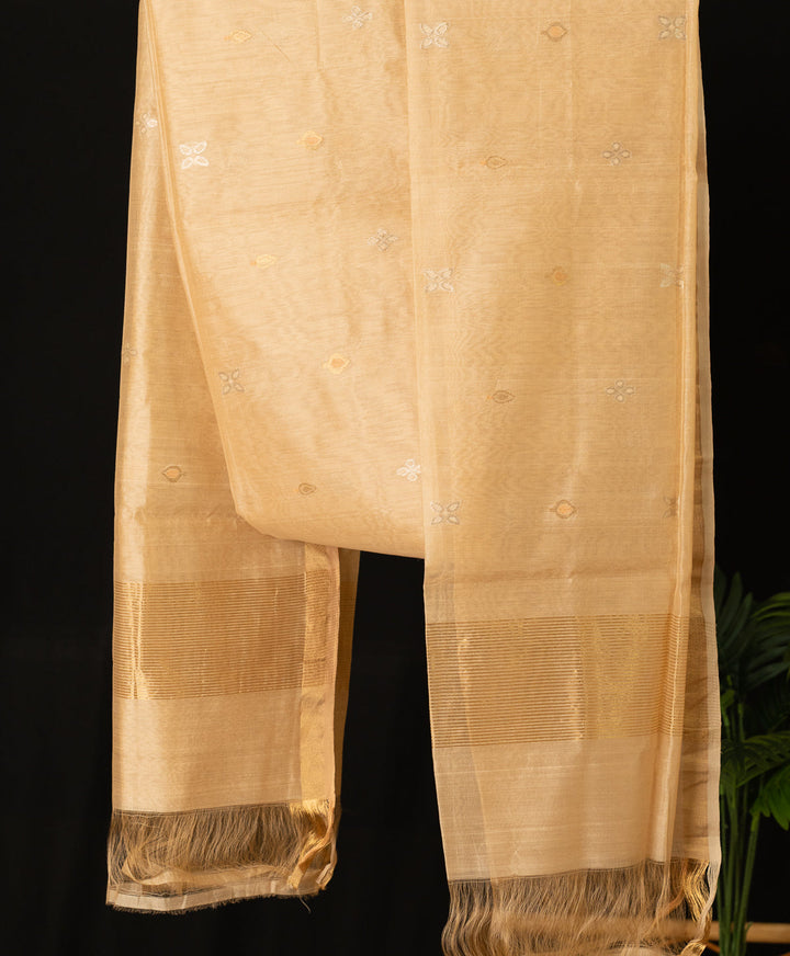 Sandal Silver Golden Handloom Chanderi Silk Cotton Dupatta | SHOBITAM