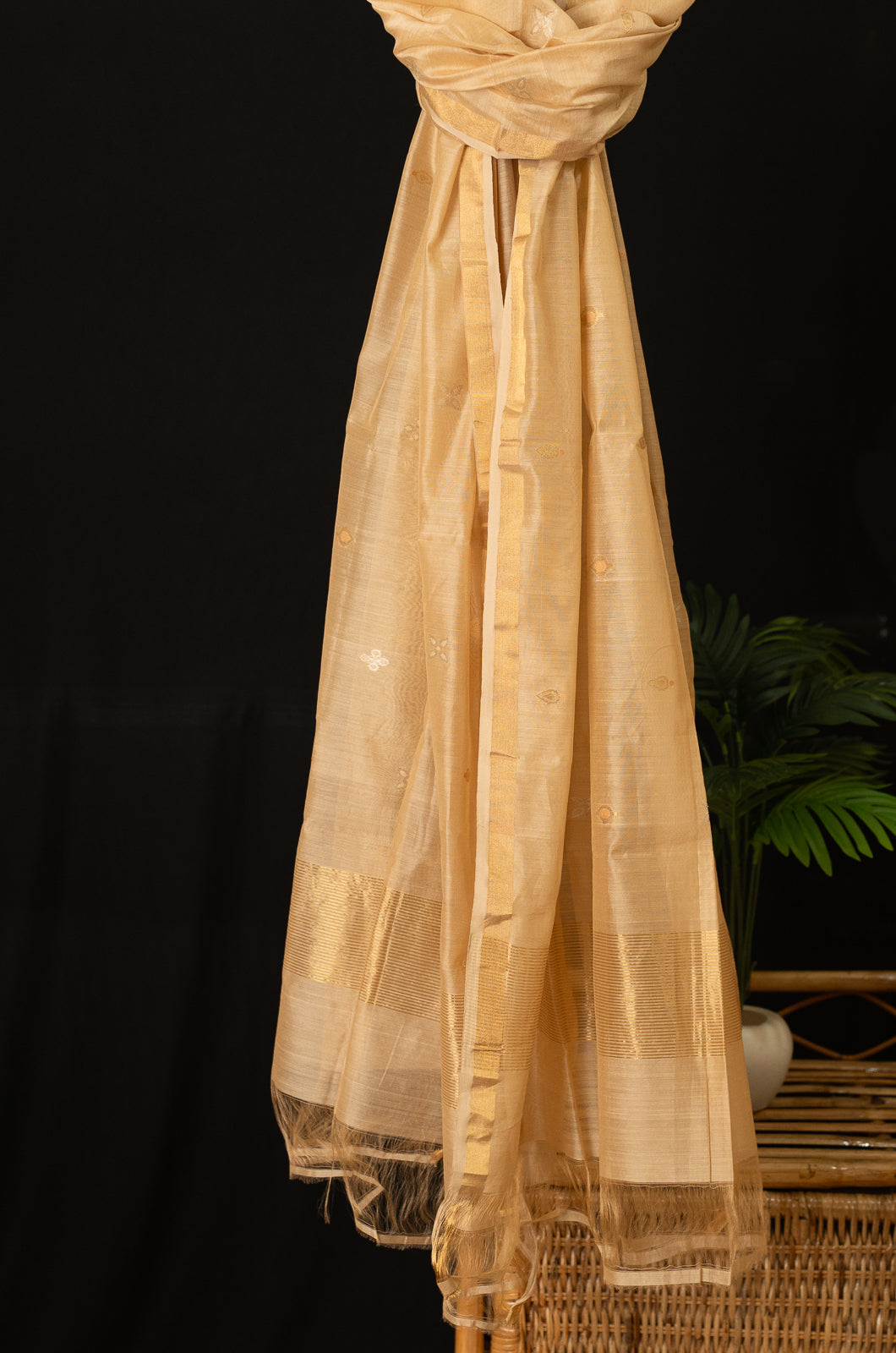 Sandal Silver Golden Handloom Chanderi Silk Cotton Dupatta | SHOBITAM