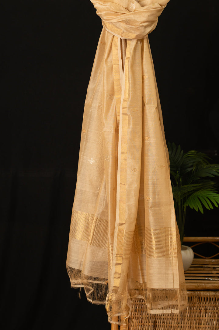 Sandal Silver Golden Handloom Chanderi Silk Cotton Dupatta | SHOBITAM