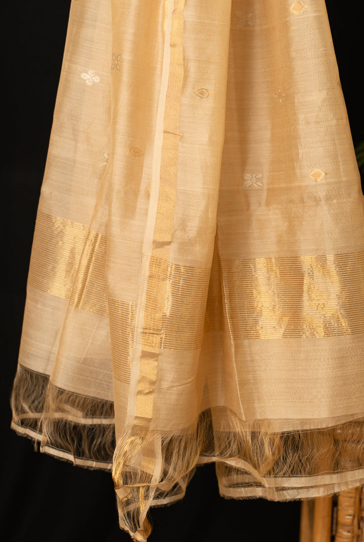 Sandal Silver Golden Handloom Chanderi Silk Cotton Dupatta | SHOBITAM