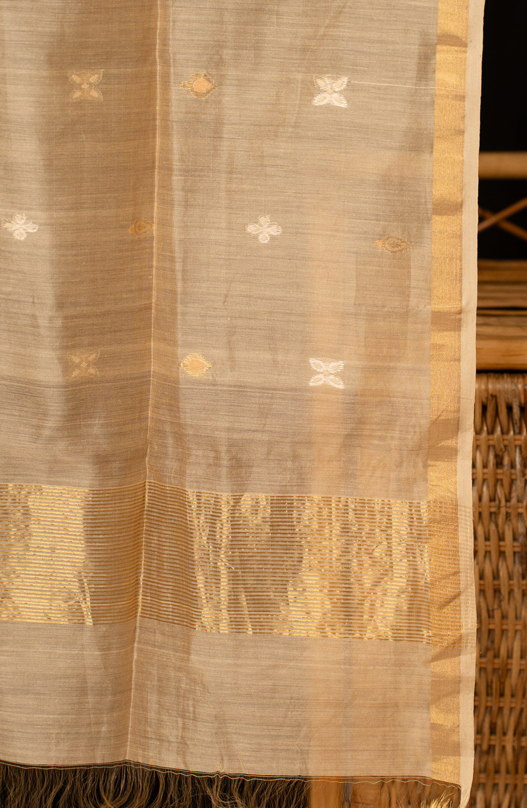 Sandal Silver Golden Handloom Chanderi Silk Cotton Dupatta | SHOBITAM