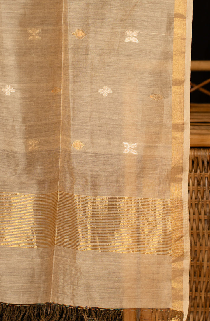 Sandal Silver Golden Handloom Chanderi Silk Cotton Dupatta | SHOBITAM