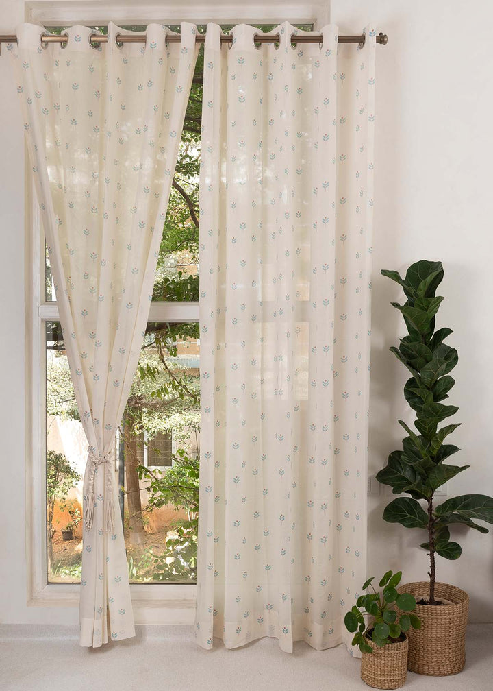 Sapling 100% Cotton Sheer floral curtain for Living room - Light filtering - Nile Blue - Single Piece | SHOBITAM