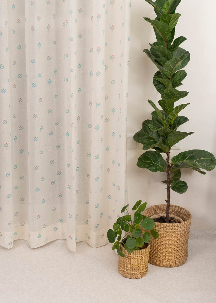 Sapling 100% Cotton Sheer floral curtain for Living room - Light filtering - Nile Blue - Single Piece | SHOBITAM
