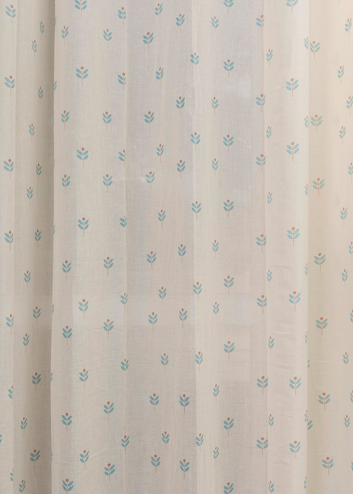 Sapling 100% Cotton Sheer floral curtain for Living room - Light filtering - Nile Blue - Single Piece | SHOBITAM
