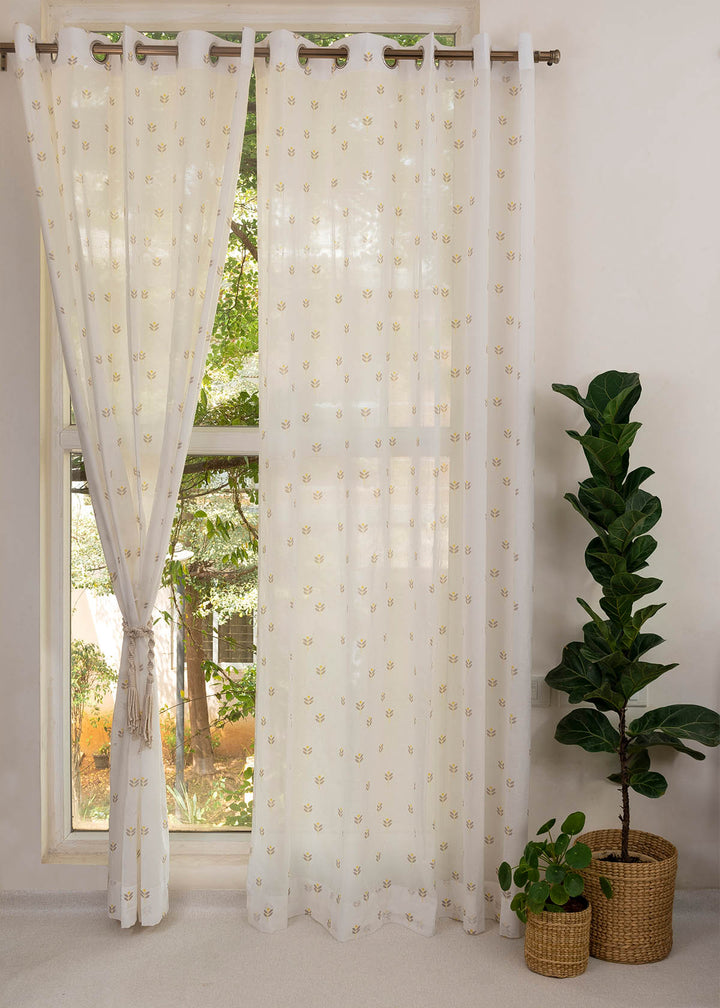 Sapling 100% Cotton Sheer floral curtain for Living room - Light filtering - Yellow - Single Piece | SHOBITAM